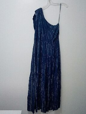 Hale Bob Navy Blue One-Shoulder Metallic Maxi Dress